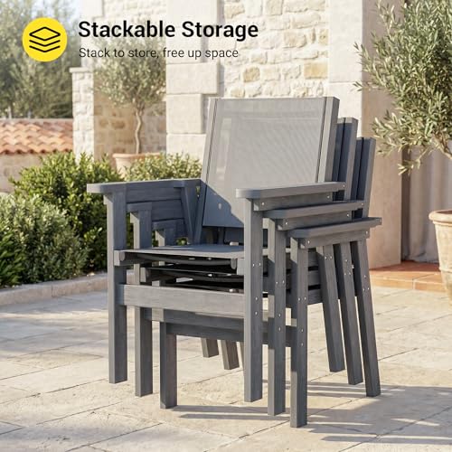 Image of HDPE Outdoor Dining Chairs Set of 2 | Textilene Weather Resistant Patio Stackable Chairs for Garden, Backyard, Lawn and Poolside, Grey