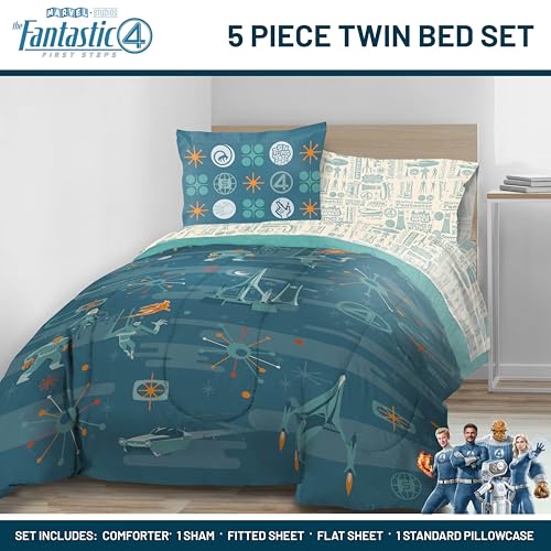 Image of Marvel Fantastic Four Twin Comforter Set 5 Piece Superhero Bedding, Blue | Bed in a Bag, Comforter Sheets Sham Pillowcase, Official Product, Soft Microfiber, Machine Washable, Easy Care, Kids Gift
