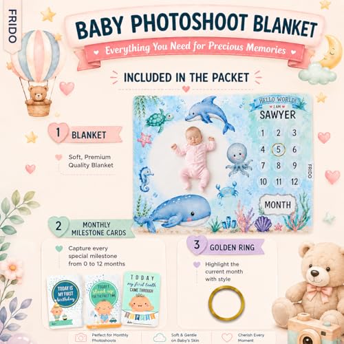 Image of Baby Monthly Milestone Photoshoot Blanket with Milestone Cards, Cotton, 115x95 cm, Animal Theme, 1-12 Months (Ocean)