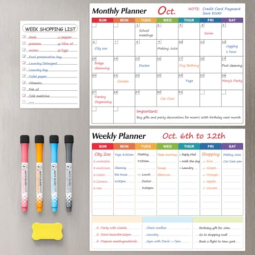 Dry Erase Magnetic Calendar for Refrigerator, 3 Pack- Monthly & Weekly & Daily Planner Magnet Whiteboard for Fridge Wall Door - Shopping, Meal/Menu, to Do List, Family Schedule Planning Board (C)