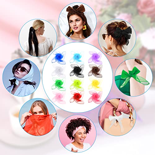 12 Pcs 50s Retro Chiffon Sheer Square Neck Head Scarf for Women Handkerchief Lightweight Satin Ribbon Scarf Hemmed Sheer Neck Scarf Juggling Dance Scarf Set, 27.5 x 27.5 Inches (Retro Color)4