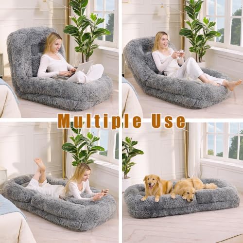 3-in-1 Upholstered Human Dog Bed for Adults & Pets, 5-Position Foldable Lounger Lazy Sofa Bed w/2 Soft Pillows, Comfy Plush Convertible Floor Sleeper Chair Bed Bean Bag for Bedroom Living Room (Gray)