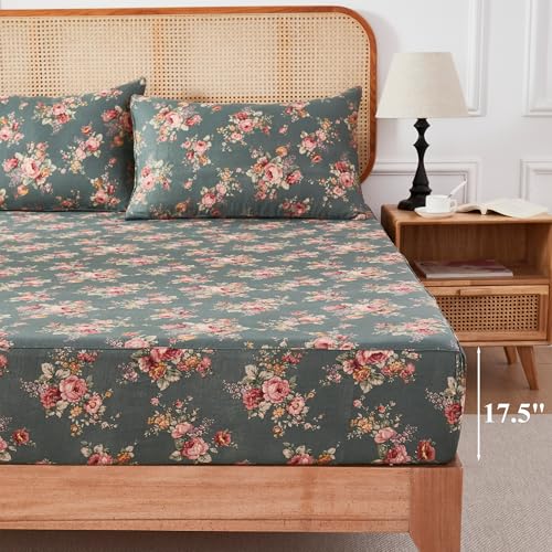 Image of FADFAY Forest Green Floral Full Sheet Set - 100% Muslin Cotton Double Gauze Bedding - 4 Piece Shabby Chic French Floral Sheets, Ultra Soft Breathable Cooling Sheets