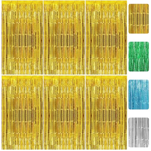 RUGLAMZHIP 6 Stück Lametta Vorhang Gold 1m x 2m Glitzervorhang Lametta Vorhänge Glitzer Folien Fransen Metallische Fringe Vorhänge für Deko Geburtstag Deko Hochzeit Party Disco(Gold)