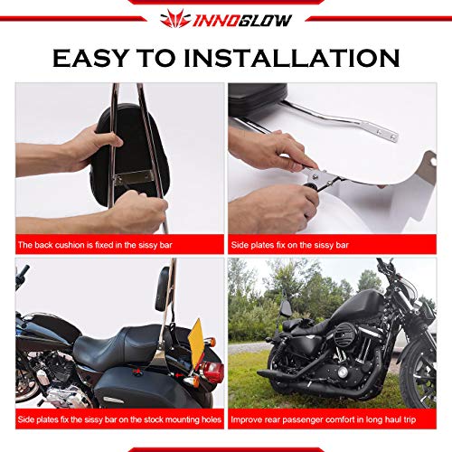 INNOGLOW Sissy Bar with Backrest Motorcycle PU Backrest Passenger Pad Driver Rider Sissy Bar Backrest Mount Seat Pad Fits For Harley Sportster XL883 XL1200 2004-UP (Chrome)