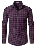 PARKLEES Men's Lightweight Plaid Shirt Casual Slim Fit Checked Long Sleeve Button Down Shirts with Pocket Burgundy Navy Large
