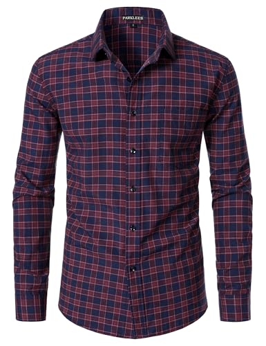 PARKLEES Men's Lightweight Plaid Shirt Casual Slim Fit Checked Long Sleeve Button Down Shirts with Pocket Burgundy Navy Large