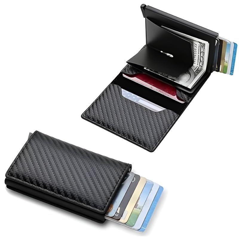 Image of VOGARD Men's Genuine Leather Wallet | RFID Blocking Aluminum Automatic Pop Up Credit Card Holder Case | Holds up to 9 Cards (24 Carbon Black)