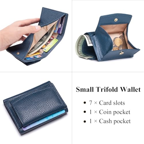 Image of Small Wallet Women Genuine Leather RFID Blocking Trifold Tiny Wallets with Snap Coin Pouch 7 Card Solts