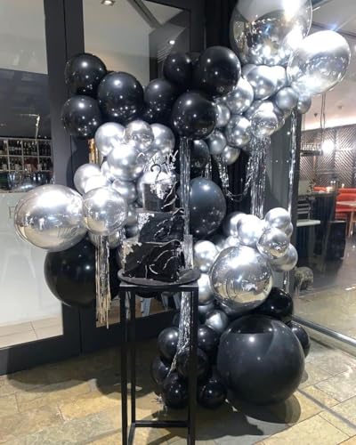 Image of Black and Silver Balloons, 100Pcs 12inch Black and Metallic Silver Balloons Party Decorations with Confetti Balloon for Birthday Graduation New Years Wedding Engagement Prom Party Decorations