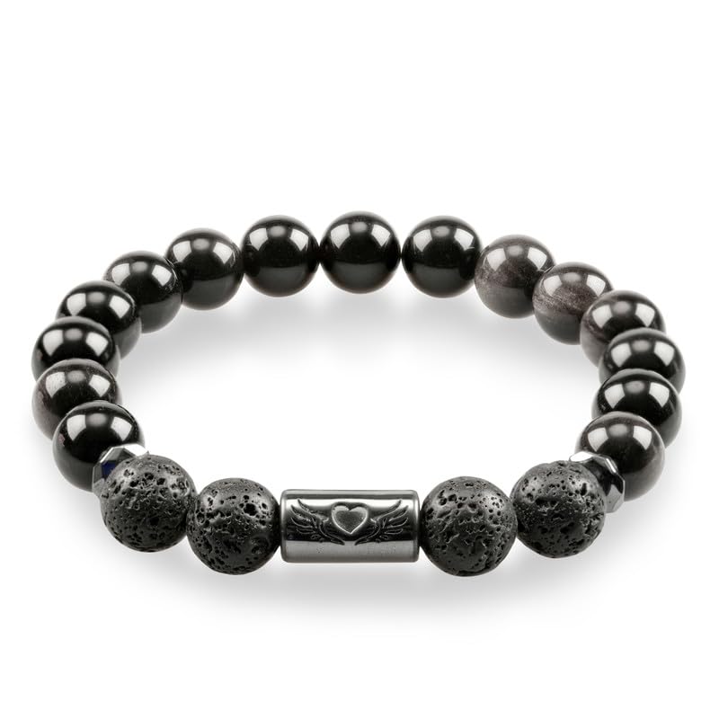 Pulseras de triple protección de cristal con cuentas negras para hombres, hechas a mano con roca de lava de 0.394in, plata brillante, obsidiana,