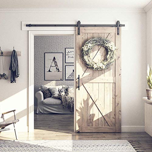 Image of SMARTSTANDARD 6.6FT Sliding Barn Door Hardware Whole Kit (Include 6.6ft Single Track Kit & Pull Handle Set & Floor Guide), Smoothly and Quietly, Easy to Install, Fit 36 inch-40 inch Wide Door Panel (J Shape) | Include 6.6FT Track Kit & Pull Handle Set & Floor Guide, Smoothly and Quietly, Easy to Install, J Shape Hangers