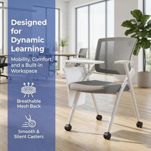 Image of Folding Training Chairs with Desk Attached, Office Meeting Chair with Writing Tablet & Cup Holder, Space-Saving Nesting Stackable Chairs with wheel for Conference Room,Seminar, Classroom Chair,Gray∰wh