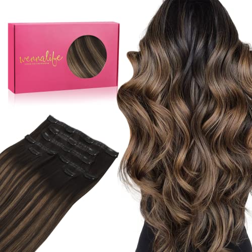 Image of WENNALIFE Invisi Edge Clip in Hair Extensions Human Hair 7pcs Ultra Invisible 50% Thinner Seamless Clip Ins Balayage Dark Brown Mixed Chestnut Brown Natural Remy Hair 14 inch
