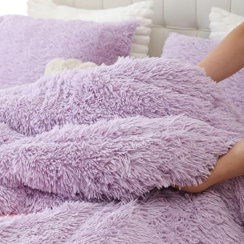 Smoofy Fluffy Queen Comforter Set, Faux Fur Comforter Set Queen Size, Luxury Fuzzy Bedding Set, Soft Shaggy Bed Set for All Season, 3 Pieces - 1 Comforter & 2 Pillowcases, Lavender Purple