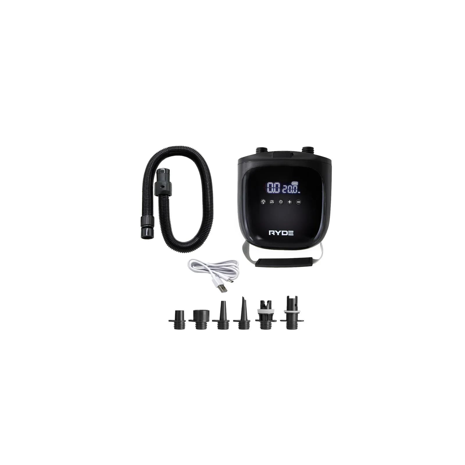 Ryde E-Pump Compact Pro Pompe Électrique Rechargeable 20 PSI avec Batterie Intégrée 4000 mAh, Gonfleur SUP Paddle, Kayak, Bateau Gonflable, Matelas, Arrêt Automatique, USB-C, Fonction Dégonflage