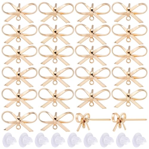 SUNNYCLUE 1 Box 20 Sets Real 18K Gold Plated Earring Posts Stud Earring Findings Earring Studs Earring Stud with Hole Bowknot Post Earrings for Jewelry Making Accessories DIY Dangle Earrings Supplies