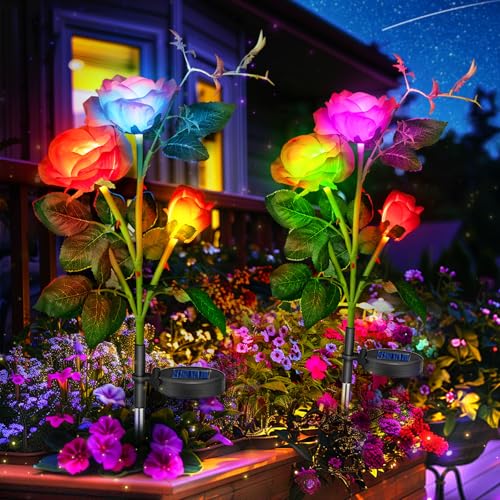 Image of Rose Lights Solar Powered for Women: Garden Light Waterproof for Yard Decorations Outdoor - Flower Lamp Colorful Lighting Cemetery Decor - Mother'S Day Birthday Gifts for Mom Wife 2 Pack Colorful