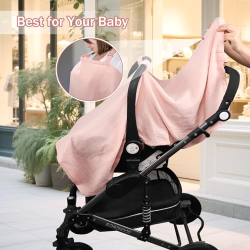 Image of Hooyax 2-in-1 Baby Car Seat Cover & Nursing Cover, 100% Muslin Cotton, Breathable Car Seat Canopy and Privacy Breastfeeding Cover, Pink