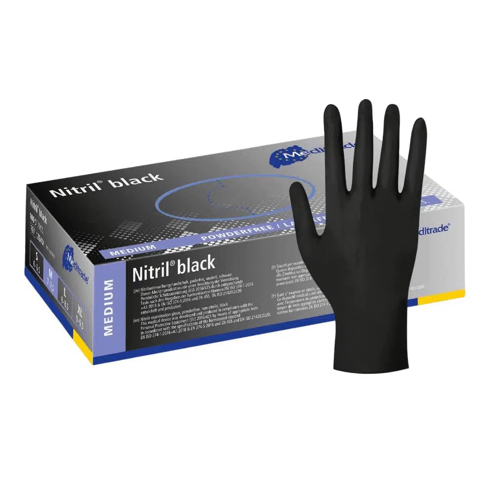 Nitrilhandschuhe 1000 Stück Box (Schwarz) Meditrade Einmalhandschuhe, Untersuchungshandschuhe, puderfrei, unsteril, latexfrei (M)