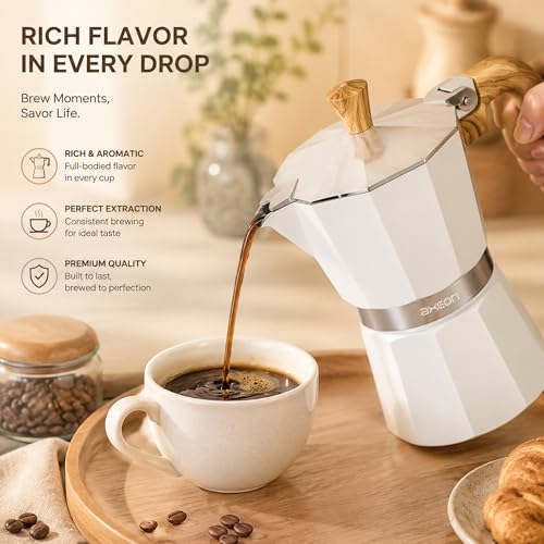 Image of AXEON Classic Moka Pot Espresso Coffee Maker - 240ml | Italian Style Mocha & Gas Stovetop Compatible | Food-Grade Aluminum with Cool Touch Handle | Brews 6 Cups, (Classic White Finish)