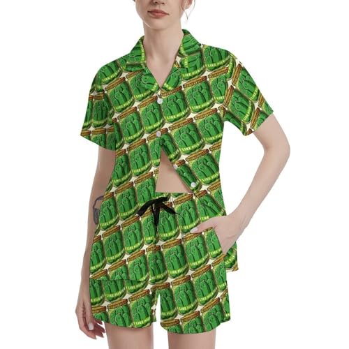 Image of Funny Pajamas for Women Set Print Satin Loungewear Pjs Short Sleeve Button Down Top and Shorts Sets Sleepwear XS-3XL