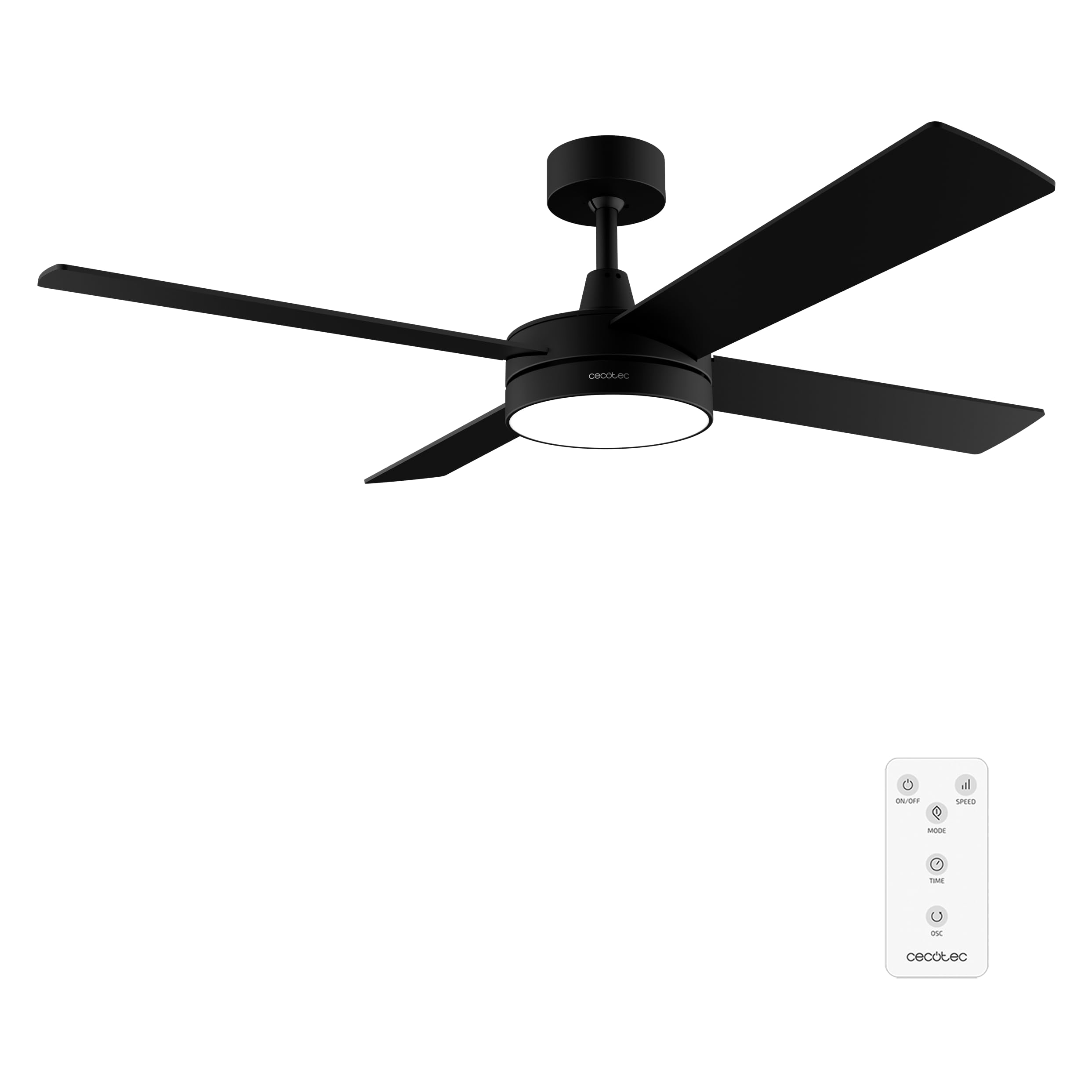Cecotec Ventilador de Techo con Mando a Distancia, Temporizador y Luz LED Ventilador de techo EnergySilence Aero 5200 Line. 60 W, Motor de Cobre, 52", 4 Aspas, 3 Velocidades, Función Invierno (Negro)
