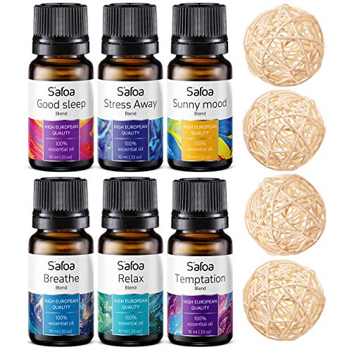 Top 6 Blends Essential Oils Set - Aromatherapy Diffuser Blends Oils for Sleep, Mood, Breathe, Love, Feel Good, Stress Relief - 4 Rottang Balls