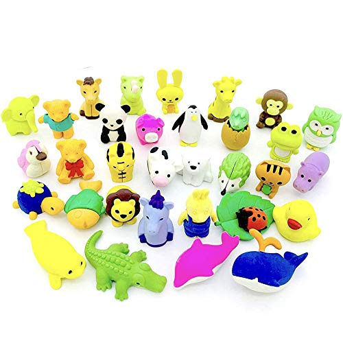 Melo-bell Mini Animal Erasers, Pack of 50 3D Animal Pencil Earplugs Rubber Toy Puzzle Erasers Bulk Assembled for Party Favors Games Prizes Carnivals and Classroom Rewards
