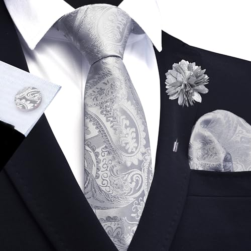 Image of GUSLESON Paisley Tie Set for Men 3.15 inch Necktie Lapel Pin Hankerchief Cufflinks Set for Men