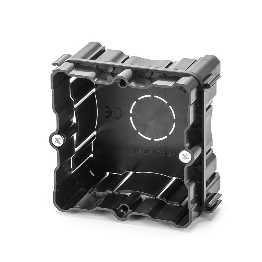 Caja de mecanismos empotrable, color negro, con diseño minimalista; ideal para instalación eléctrica en hogares y oficinas.