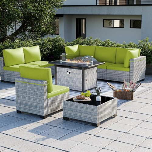 Image of Outdoor PE Wicker Rattan Modular Patio Sectional Sofa Set | 8-Piece: 6 Modular Seats, Coffee Table & 55,000 BTU Fire Pit Table, Grass Green