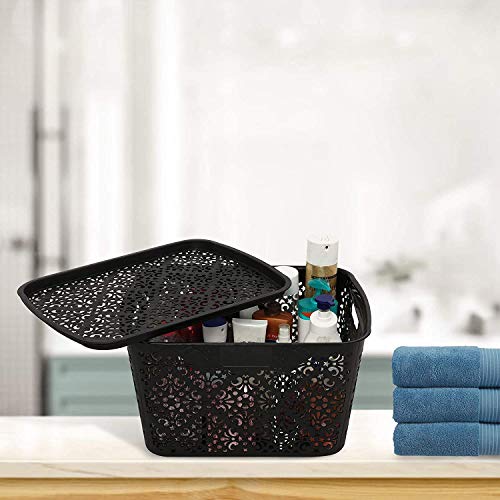 Image of Cutting Edge Essentials Plastic Storage Baskets /Shelf /Turkish Rack with Lid - Set of 2 for Fruit Vegetable Bathroom Stationary Home Basket with Handle (Black, Large)