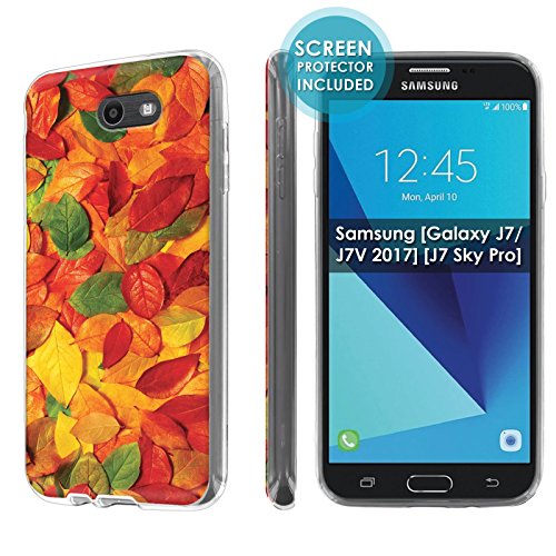 [NakedShield] Slim Flexi Case Compatible for Samsung [Galaxy Halo] [2017] Galaxy J7 [Galaxy Prime/Perx/Sky Pro] [Clear] Total Armor Rubber Gel Phone Case [Screen Protector]- [Leaves Texture] Print
