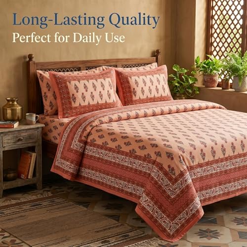 Image of Mafatlal 144 TC Heritage 100% Cotton Traditional Jaipuri Print Queen Size Bedsheet (90x108 Inches) with 2 Matching Pillow Covers - Flat, Garnet Red