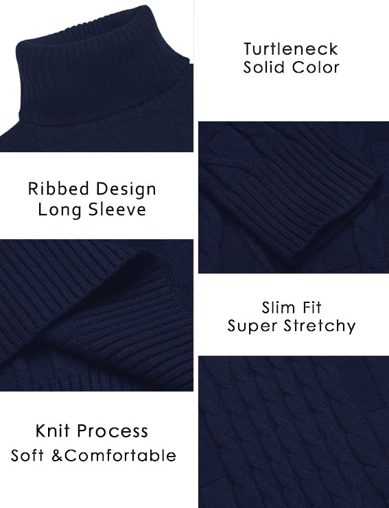 COOFANDY Men's Slim Fit Turtleneck Sweater Casual Cable Knit Pullover Sweaters Navy Blue4
