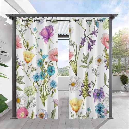 Hiseng wasserdichte Vorhänge Outdoor, 3D Pflanze Drucken Outdoorvorhänge Wetterfest 2 Stück Verdunkelungsvorhang Blickdicht mit Ösen Sichtschutz Sonnenschutz Vorhang (137x243cm,Bunt Blume)