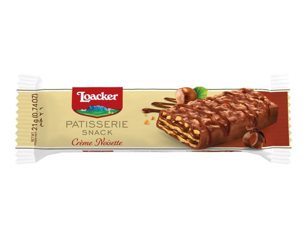 Loacker, Patisserie Snack Crème Noisette, Fragranti Cialde Wafer con Crema alla Nocciola e Ricoperte di Cioccolato, Merenda e Snack, Formato Convenienza, 1 Confezione Display da 24 Monoporzioni da 21g
