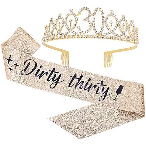 ruggito "Dirty Thirty Sash & Rhinestone Tiara Set,30th Birthday Gifts Birthday Sash for Women Fun Party Favors Birthday Party Supplies Cover