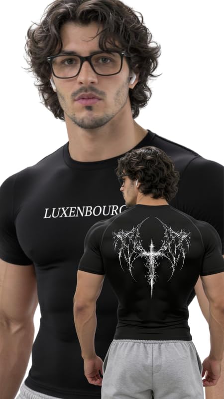 luxenbourg Mens Gym Dark Fantasy Back Logo Compression T-Shirt | Polyester Half Sleeve Sports Wear and Rash Guard for Training Workout and Athletic Activewear | Black-picture-34