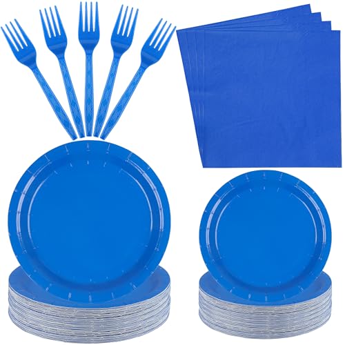 Fairooth 100 Count Blue Paper Plates, Napkins, and Forks - Disposable Party Tableware Set for Wedding, Birthday, Bridal Shower, Baby Shower - Serves 25