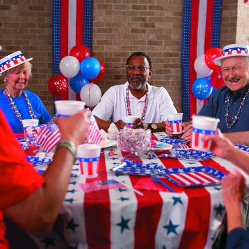 Image of Fun Express Patriotic Red Plastic 100ft Tablecloth Roll - Disposable, Quick Cleanup - Rectangular, All-Season, 40x1200in, 2.45lbs | 100 ft, Disposable, USA American Flag Stars and Stripes Theme, Perfect for 4th of July, Memorial Day, BBQ Cookouts