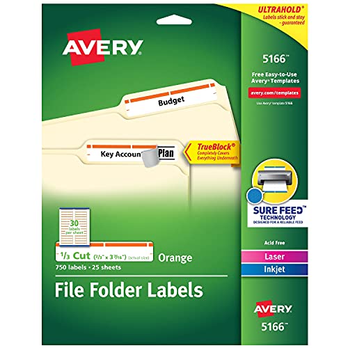 Avery 5166 Trueblock File Folder Labels, Laser/Inkjet, 1/3 Cut, Orange, 750/Pk #TOP1