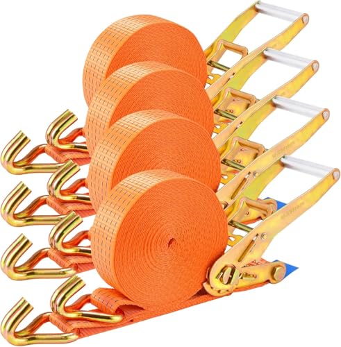 4 pièces 5000 kg Sangle à Cliquet 9m,Sangles d'arrimage,50mm,Sangles de Serrage avec cliquet et Crochets,aux intempéries,pour l'arrimage Professionnel du Chargement des camions/Motos/Cargos,Orange