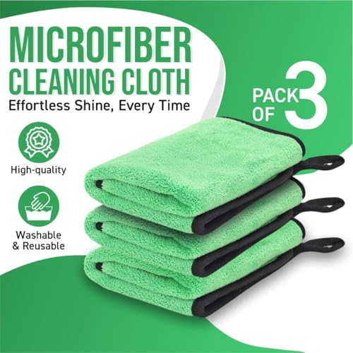Image of Btag Microfiber Cleaning Cloth, 30x40 cms 600 GSM | Highly Absorbent,Lint and Streak Free, Multi-Purpose Wash Cloth for Kitchen,Car,Window,Stainless Steel,Silverwear (Green 30x40cms) Pack of 3
