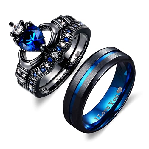 Dsnyu Anillos de Boda para Hombres, Grabado de Par de Anillos de Acero de Titanio I Love You, Anillo de Compromiso Azul Negro Talla 15