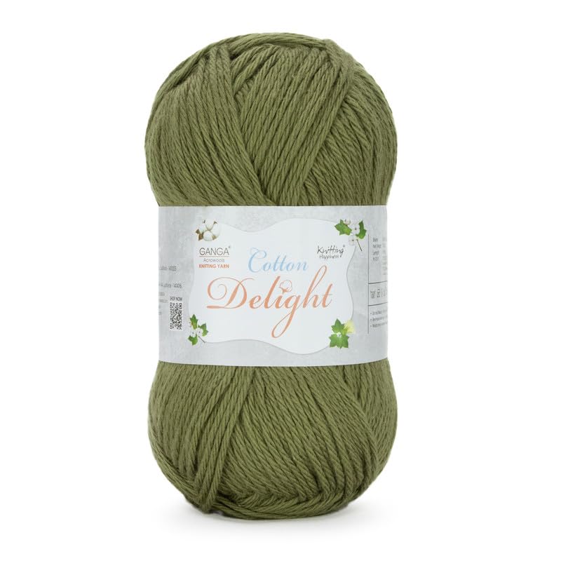 Image of Ganga Acrowools Cotton Delight, Dk Weight Cotton Yarn, Oekotex Class L Certified 100G, 169M, Pack of 1 Ball - 100gm Each, Shade No. - COD091 Olive Green
