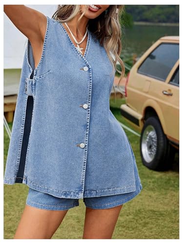 Women's Y2k Button Down Denim Vest Side Slit V Neck Sleeveless Tops Concert Festival Outfits4