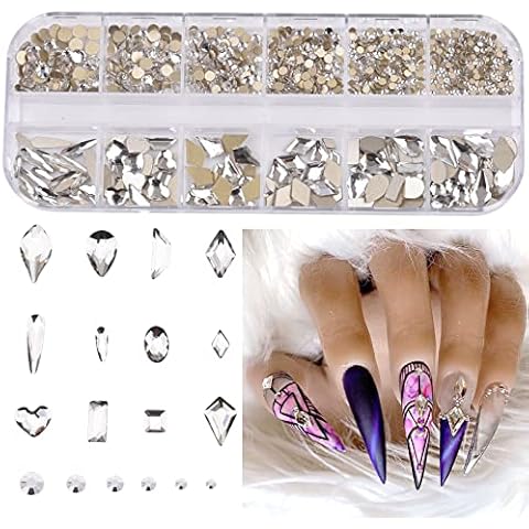 Nail Decorations for Nail Art 3d Glass Crystal Clear Multi Shape Rhinestones 12 Designs Flat Back Round Diamonds Assorted Kit Box Cover