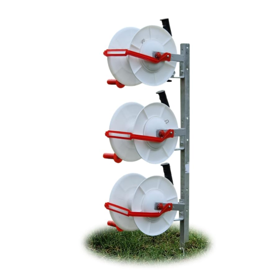 Doblit Multi-Reel Post with 3 Geared Reels | Easy Fence Deployer | 120cm Steel Reel Post with Reel Brackets, Includes 3x Geared Reels for up to 600m of Fencing (3 Reel Config.)